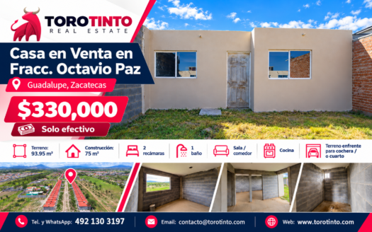 Casa en Venta en Fracc. Octavio Paz, Guadalupe, Zacatecas – TT-P2-1014