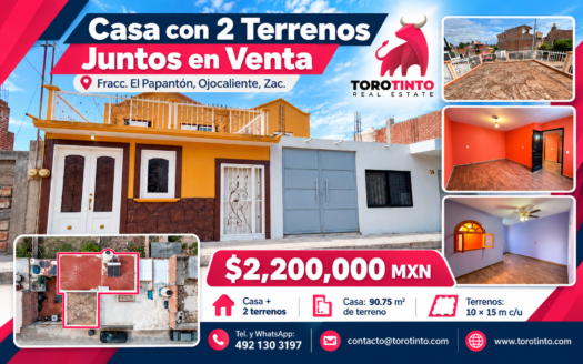 Casa y Terreno Juntos en Venta en Ojocaliente, Zac. en Fracc. El Papantón, Ojocaliente, Zac. – TT-P2-1017