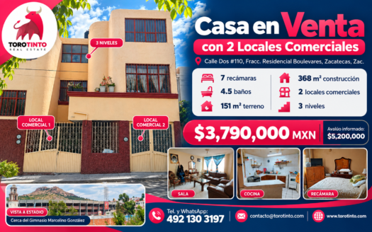 Casa en Venta con 2 Locales Comerciales en Fracc. Residencial Boulevares, Zacatecas – TT-P3-1075