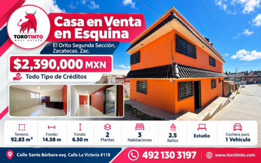 Casa en Venta en Esquina en El Orito Segunda Sección, Zacatecas, Zac.