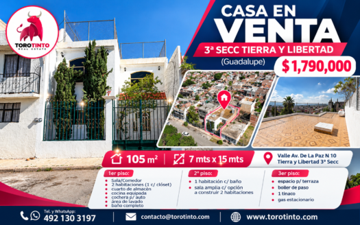 Casa en Venta en Tierra y Libertad 3ª Sección, Guadalupe – 3 Habitaciones y 105 m² de Terreno – TT-P2-1101