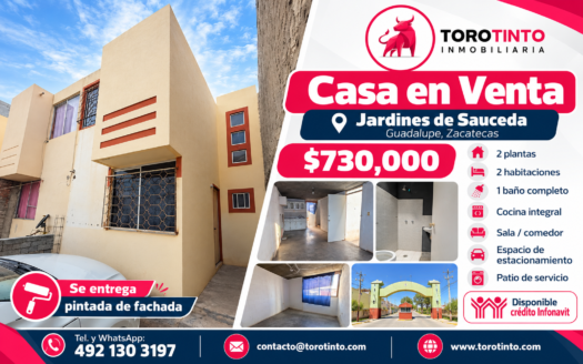 Casa de 2 Plantas en Venta en Frac. Jardines de Sauceda, Guadalupe, Zac. – TT-P2-1088