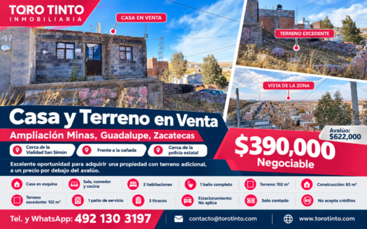 Casa y Terreno en Venta en Col. Ampliación Minas, Guadalupe, Zac. – TT-P3-1076