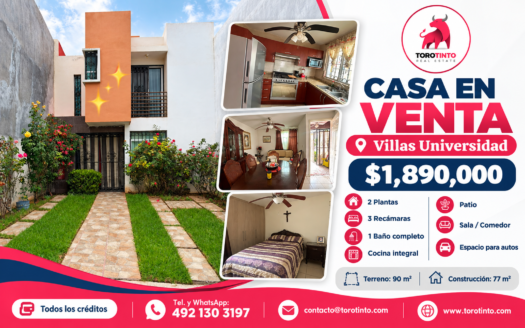 Casa de 2 Plantas en Venta en Villas Universidad, Zacatecas – 3 Recámaras, Cocina Integral y Patio – TT-P2-1096