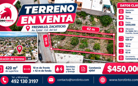 Terreno en Venta en Col. del Sol, Fresnillo – 420 m² sobre Av. Ejidal – TT-P2-1103