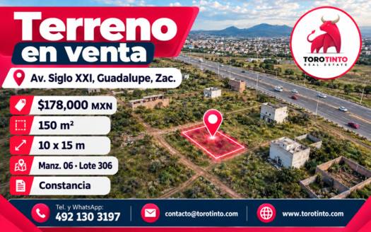 Terreno de 150 m² en Venta Cerca de Vialidad Siglo XXI, Guadalupe, Zac. – 10 x 15 m – TT-P2-1093