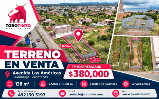 Terreno de 138 m² en Venta sobre Avenida Las Américas, Guadalupe, Zac. – Oportunidad para Negocio – TT-P2-1086