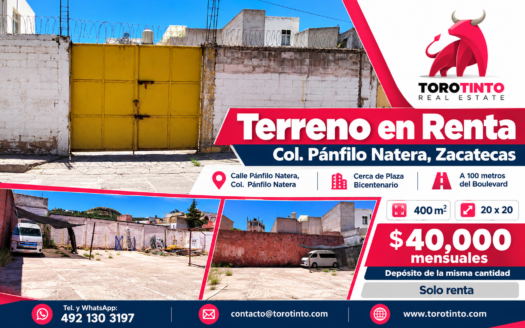 Terreno en Renta de 400 m² en Col. Pánfilo Natera, Zacatecas, Cerca de Plaza Bicentenario – TT-P2-1071