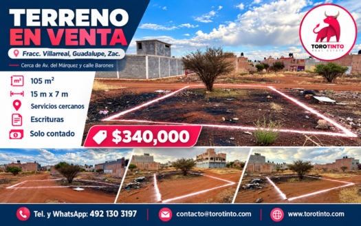 Terreno en Venta de 105 m² en Fraccionamiento Villarreal, Guadalupe, Zac. – TT-P3-1070