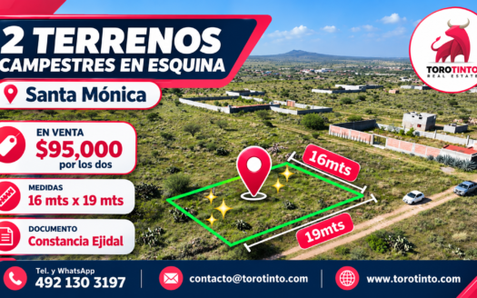 2 Terrenos Campestres en Venta en Santa Mónica, Guadalupe – 304 m² en Esquina – TT-P2-1106