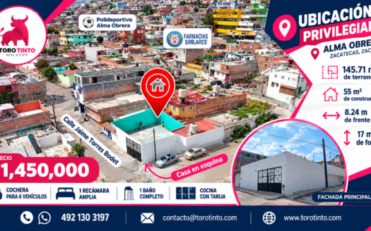 Casa en Venta en Alma Obrera, Zacatecas – 145.71 m² de Terreno y Cochera para 6 Vehículos – TT-P2-1105